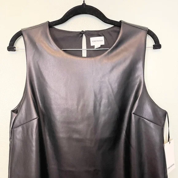 For Cynthia Black Vegan Leather Feathers Sleeveless Shift Mini Dress Large NWT - Picture 9 of 9